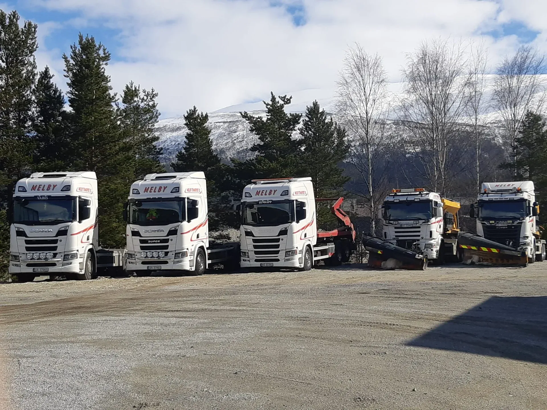 Hele bilflåten til Melby Transport AS oppstilt på gårdsplassen i Skjåk